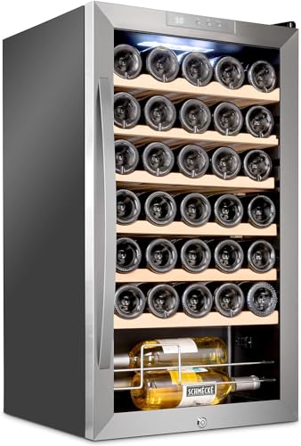 Schmécké 34 Bottle Compressor Wine Cooler Refrigerator w/Lock - Large Freestanding Wine Cellar For Red, White, Champagne or Sparkling Wine - 41f-64f Digital Temperature Control Fridge Stainless Steel