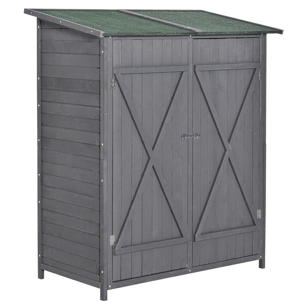 Outsunny Garden Wood Storage Shed w/Flexible Table, Hooks and Ground Nails, Multifunction Lockable Sheds and Outdoor Asphalt Roof Tool Organizer, 139 x 75 x 160cm, Grey
