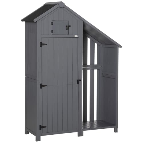 Outsunny Wooden Garden Storage Shed with 3 Shelves, Outdoor Garden Tool Storage Cabinet with Tilt Roof, Firewood Rack Log Carrier, 129 x 51.5 x 180cm, Grey