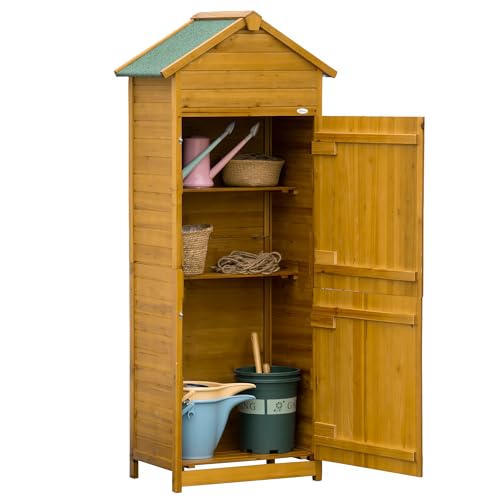 Outsunny Wooden Garden Storage Shed Utility Gardener Cabinet w/ 3 Shelves, Tilted-felt Roof and Two Lockable Doors, 79cm x 49cm x 191.5cm, Natural wood effect